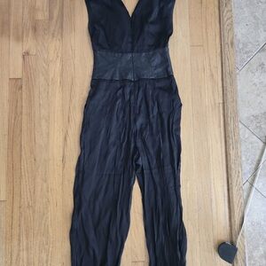 Y2K Vintage Bebe Black Jumpsuit – Faux Leather Waist, V-Neck, Size XS